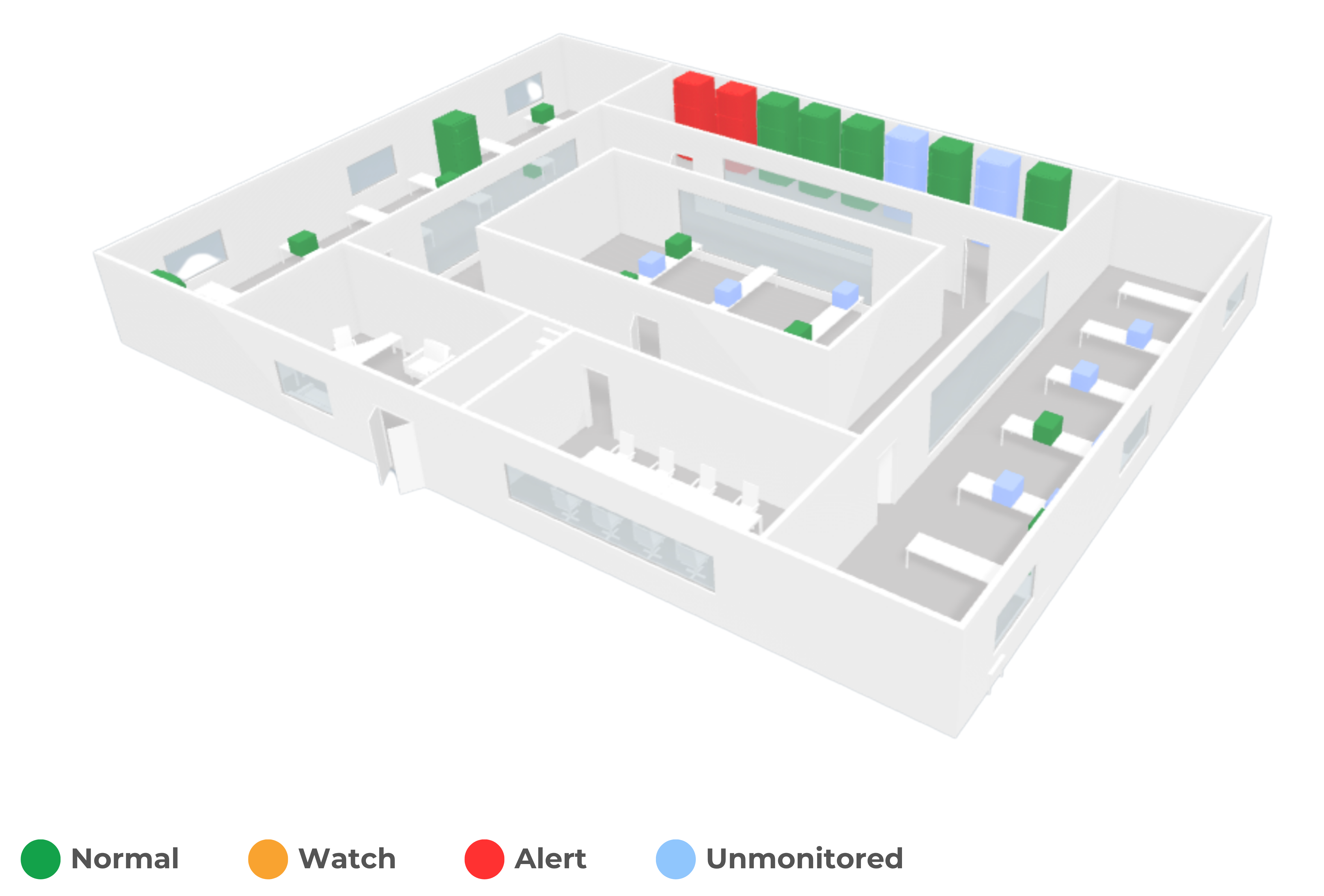 Interactive facility floorplan with assets and ambient conditions shown room by room