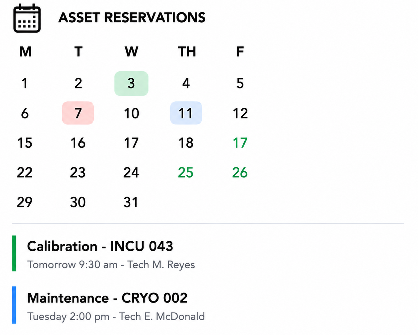 Equipment reservation calendar showing availability and schedules
